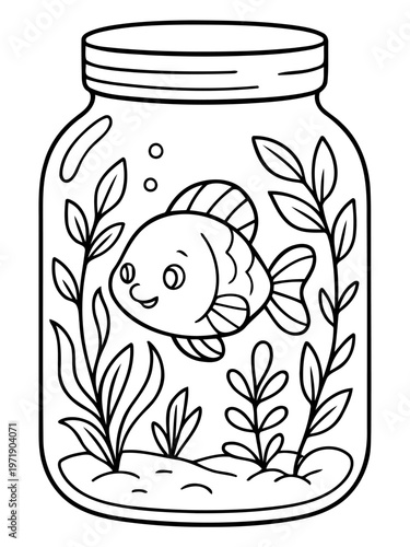 Smiling Fish in a Jar: A cheerful fish swims happily inside a glass jar, surrounded by aquatic plants and playful bubbles, a testament to the joy of simplicity.