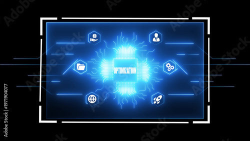 Valokuva Advanced digital screen showcasing the word OPTIMIZATION in a bright blue centra