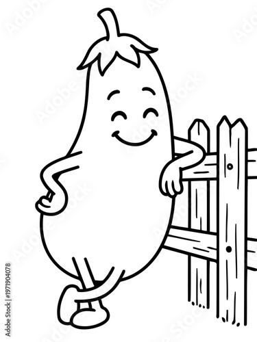 Enchanting Eggplant: A charming anthropomorphic eggplant beams with contentment as it casually leans against a rustic wooden fence. capturing a moment of playful delight and whimsical charm.