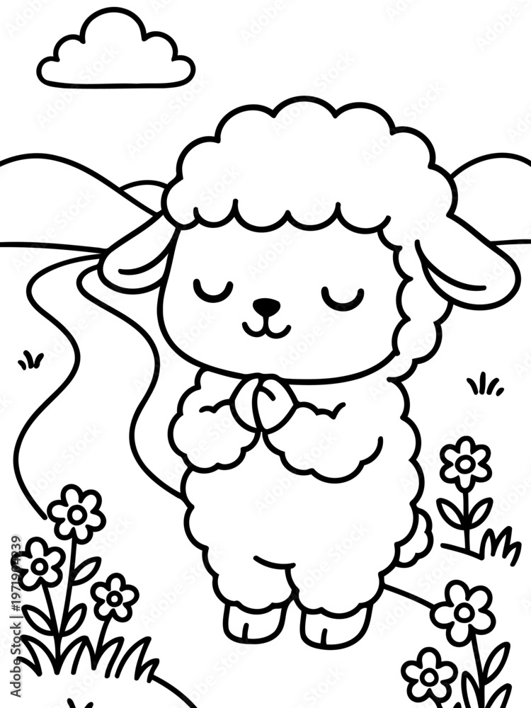 Obraz premium Praying Lamb in the Meadow: a sweet lamb clasped hands in a gentle pose surrounded by the blooms and the rolling hills of nature, evoking a sense of calmness and serenity.