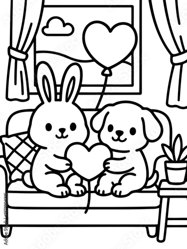 Harmony of Hearts: A heartwarming illustration of a bunny and a puppy sharing a moment of love on a cozy couch. They hold a heart-shaped balloon together, a picture of friendship and affection.