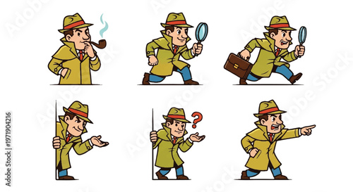Detective character illustrations in various poses