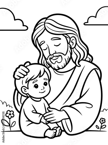 Divine Embrace: A tender moment of spiritual connection is captured as a figure, bestowing blessings and compassion upon a child, symbolizing protection and guidance.