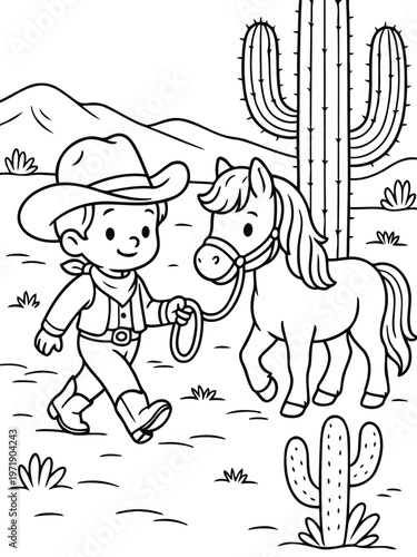 Cowboy and Pony Adventure: A delightful cartoon illustration depicts a cheerful cowboy leading a cute pony across a desert landscape, embracing the spirit of the wild west.
