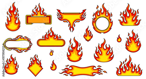 Collection of Various Flame Icons and Fire Graphics for Design Projects.