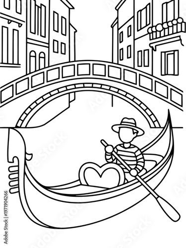 Venice Sketch: The timeless allure of Venice, illustrated. A gondolier navigates a classic gondola through a serene canal, under a charming bridge. Elegant buildings flank the waterway