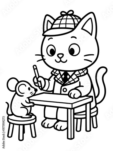 Cat Detective with Mouse: An adorable cartoon cat, dressed as a detective, sits attentively at a desk, seemingly questioning a small mouse. A captivating scene for children.