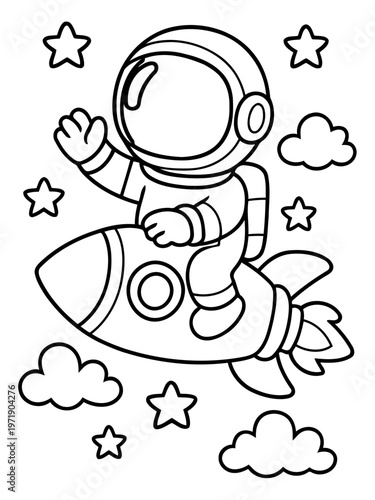 Astronaut on a Rocket: A playful astronaut, strapped aboard a whimsical rocket, embarks on a celestial adventure, soaring among stars and fluffy clouds.