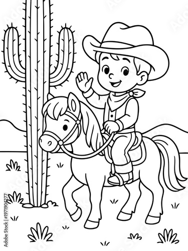 Western Adventure: A cheerful cowboy rides a horse with a friendly wave, set against a backdrop of a vast desert landscape and a towering cactus.
