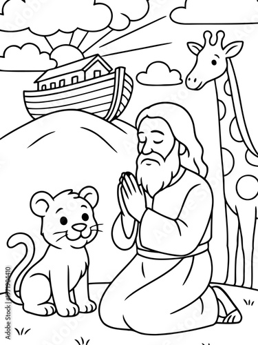 Noah's Ark and the Prayers: A religious illustration depicting the biblical story of Noah, showing the ark, a praying man, and a selection of animals.
