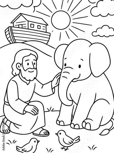 Noah's Ark Illustration: A gentle illustration depicting Noah interacting with an elephant, a symbol of care, love and protection against a vibrant backdrop of the natural world.
