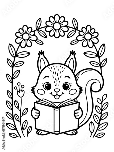 Squirrel's Literary World: A charming squirrel, deeply engrossed in the pages of a book, framed by a floral arch, offering a delightful illustration of the joy of reading.
