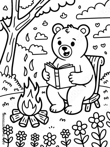 Reading Bear in Nature's Embrace: A charming illustration shows a cuddly bear engrossed in a book, nestled beside a crackling campfire and surrounded by nature's beauty, offering a whimsical escape