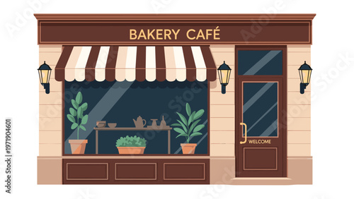 Charming brown bakery cafe storefront with a striped awning and potted plants in the window under a sign on a classic urban building facade.