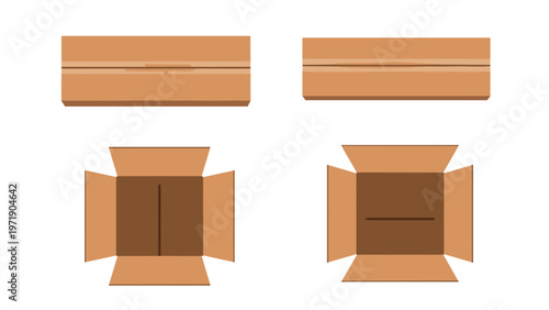 Four different views of brown cardboard boxes showing them closed from the top and open to reveal the inside for packaging and shipping.