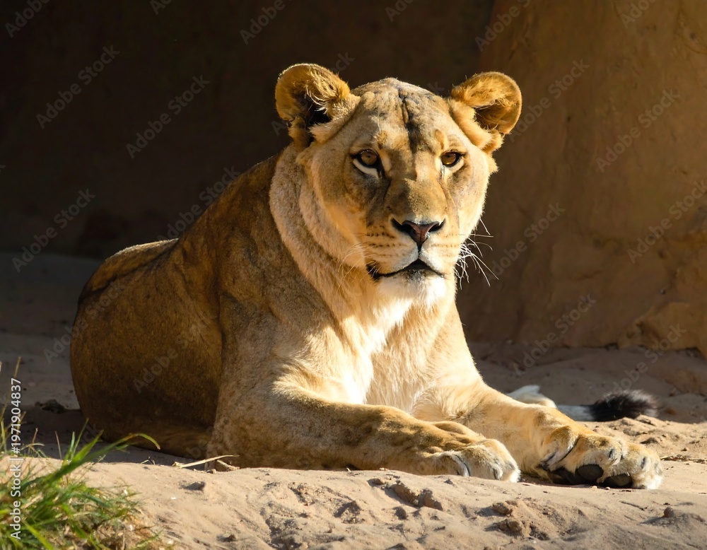 Fototapeta premium Majestic lioness resting in the warm sunlight, observing.