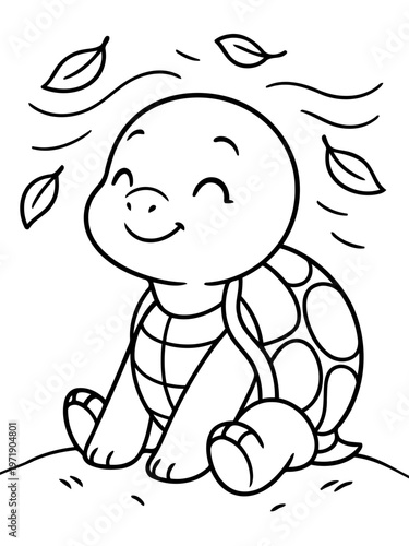 Joyful Turtle's Autumn Reverie: A charming cartoon turtle, exuding pure joy and contentment, is serenely seated, basking amidst falling leaves, evoking the essence of autumn's gentle embrace.