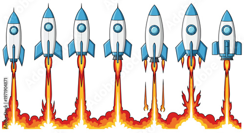 Series of rocket launches highlighting fiery exhaust and blue and orange plumes across the sky.