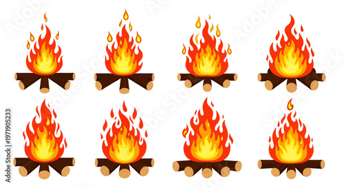 Six stylized campfire icons arranged in two rows of flames, decorative clipart.