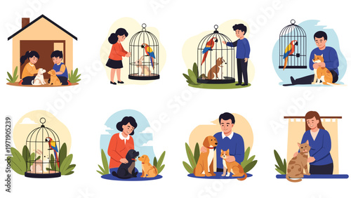 Set of scenes showing diverse people caring for their pets including dogs, cats, and parrots in cages or being held with love and attention.