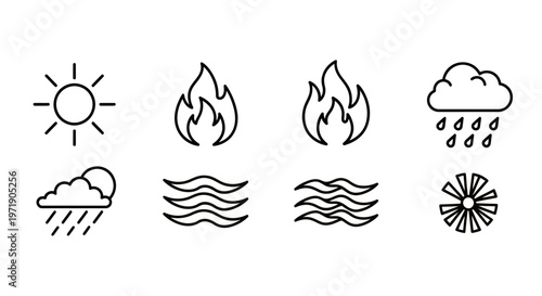 Set of Weather and Climate Icons Featuring Sun, Fire, Rain Cloud, Waves, and Splash Illustrations.