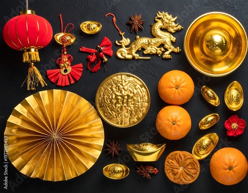 A flat lay of gold items and Chinese New Year elements
