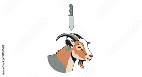 Goat head with knife symbolizing sacrifice or butcher concept illustration