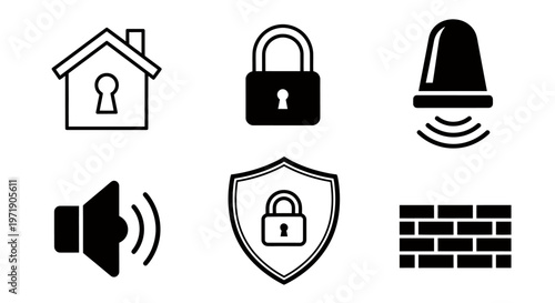 Security and privacy icons set featuring home lock shield and brick wall.