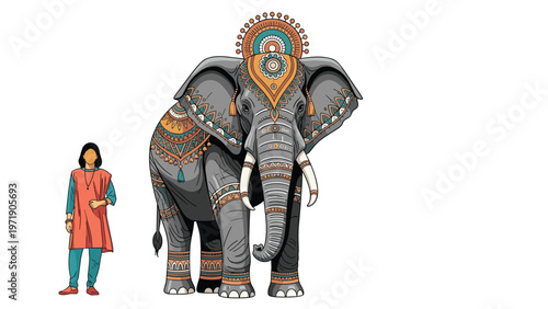 Small woman in traditional orange clothing stands next to a massive grey elephant elaborately decorated with colorful patterns and jewelry.