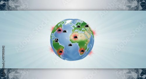 Earth globe with red and black pollution symbols on continents representing environmental issues