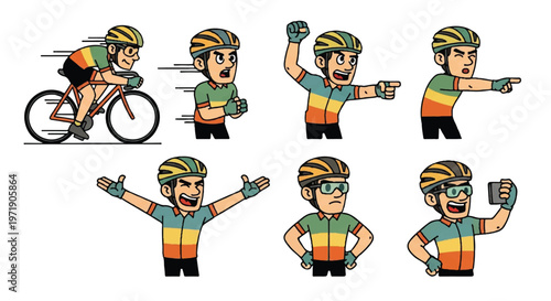 Cyclist in various poses and actions illustration