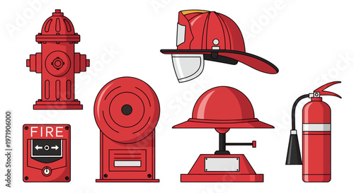 Collection of Red Fire Safety Equipment and Gear Illustrations for Safety Awareness.