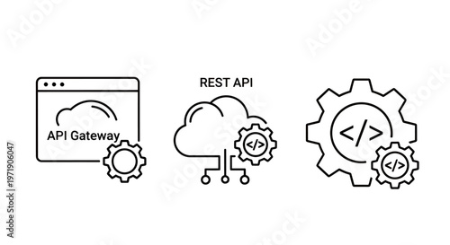 Illustration showing API gateway, cloud automation, and code integration workflow across modern technology platforms.