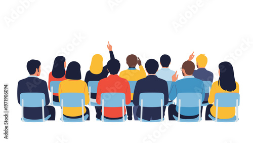 Row of diverse people seen from behind sitting on blue chairs with some raising their fingers to participate in a discussion or vote together.