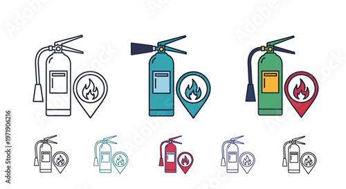Set of colorful fire extinguisher icons in varied styles and colors.