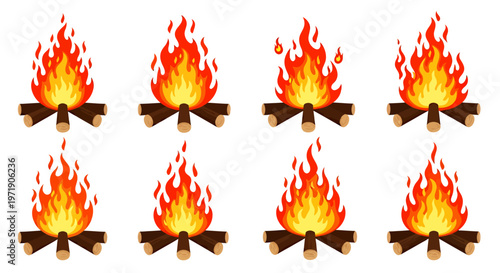Set of illustrated campfire icons arranged in a grid for outdoor camping themes.