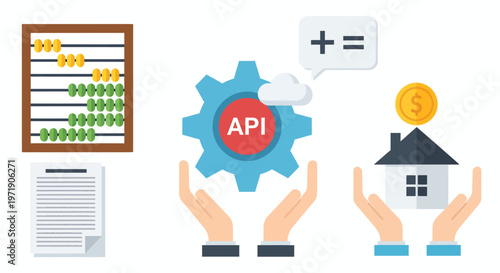 Hands Hold Technology Icons Representing API Integration, Software Gear, and Real Estate Support.