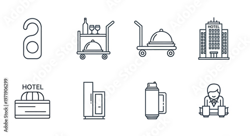 Collection of hotel and travel icons including bed, bellhop, and building illustrations.