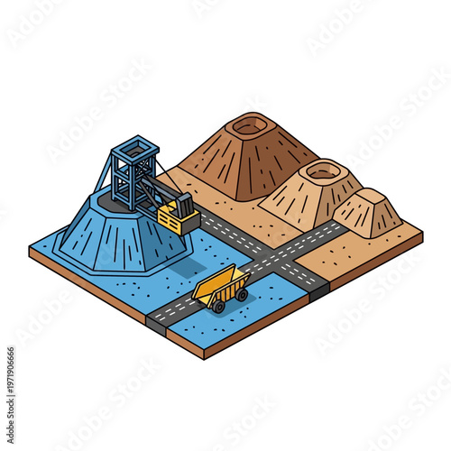 Isometric illustration of a mining operation with a conveyor belt, dump truck, and piles of extracted materials.