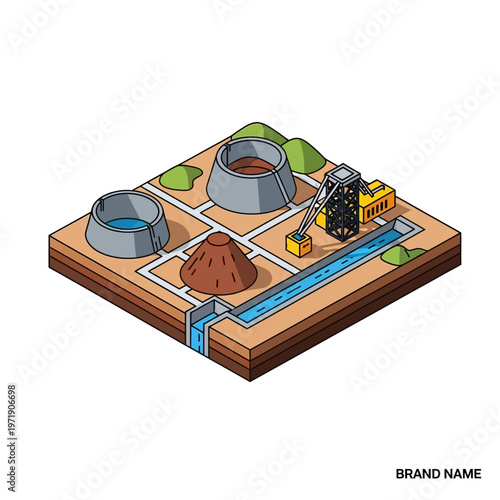 Isometric illustration of an industrial complex featuring water reservoirs, a conical pile, cooling towers, and a crane next to a water channel.