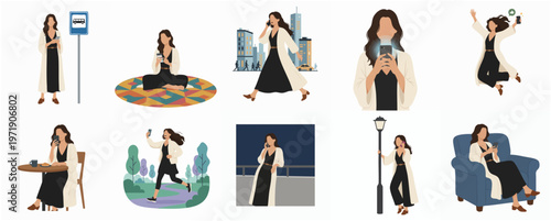 Modern Flat Illustration of Woman Using Smartphone in Various Situations