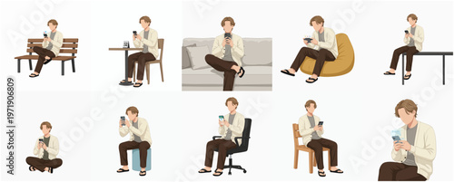 Minimalist Illustration of a Man Using a Smartphone in Various Seated Poses