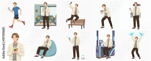 Diverse Handdrawn Young Man in Various Activities and Poses Illustration Set