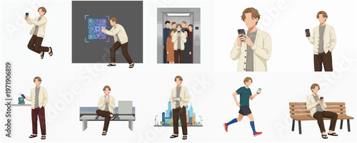 Elegant Handdrawn Man Using Mobile Phone in Various Lifestyle Poses Illustration
