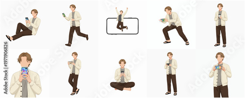 Watercolor Illustration Set of Casual Young Man with Smartphone in Various Poses