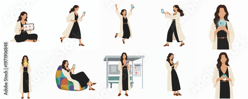 Minimalist Faceless Woman in Various Poses Using Digital Devices Illustration