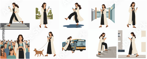 Stylish Flat Illustration of Woman Using Mobile Phone in Various Scenarios