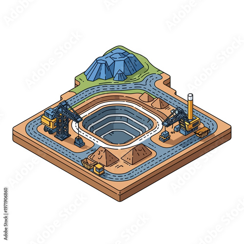 Isometric illustration of an open-pit mine with excavators, trucks, and piles of extracted material, showcasing industrial extraction processes.