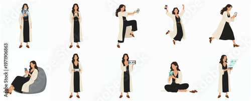 Flat Style Various Poses Woman Holding Mobile Phone Illustration Set
