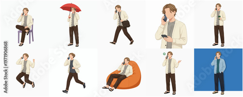 Flat Illustration of a Young Man in Various Poses Talking on a Smartphone